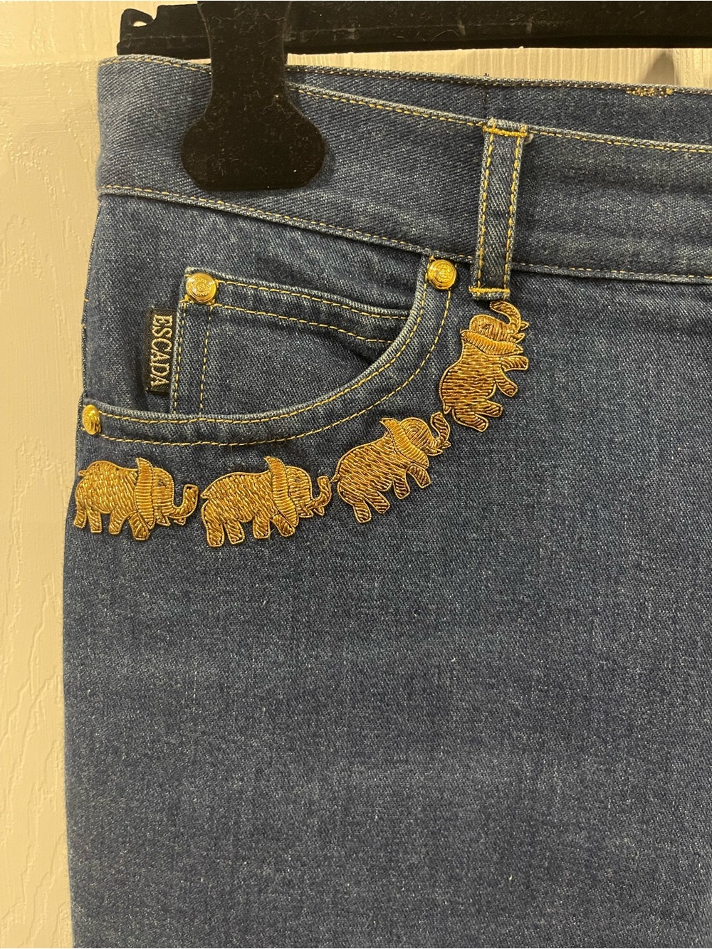 Escada by Margaretha Ley vintage Blue Jeans Gold Elephant Trim size 40 italian